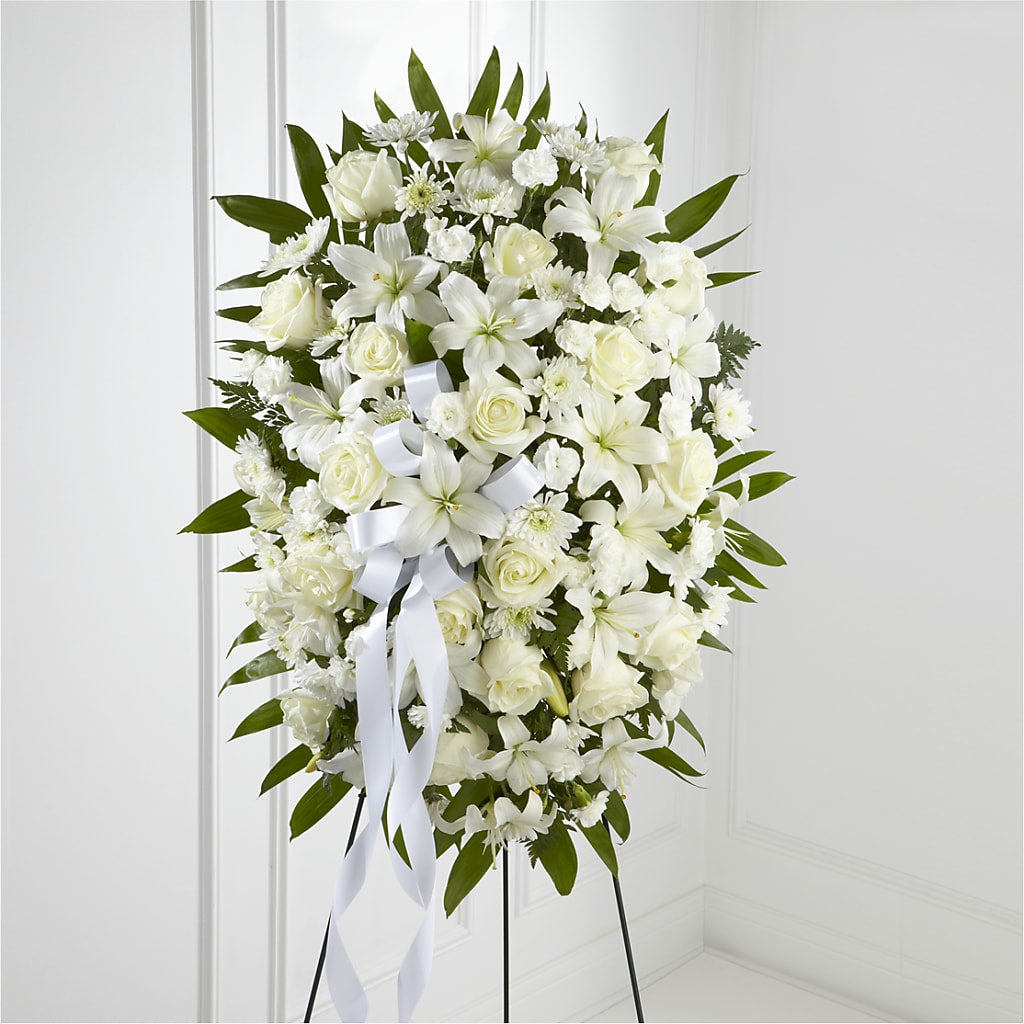 Exquisite Tribute Standing Spray-White Ribbon – Greenbrook Flowers Inc, Jackson MS