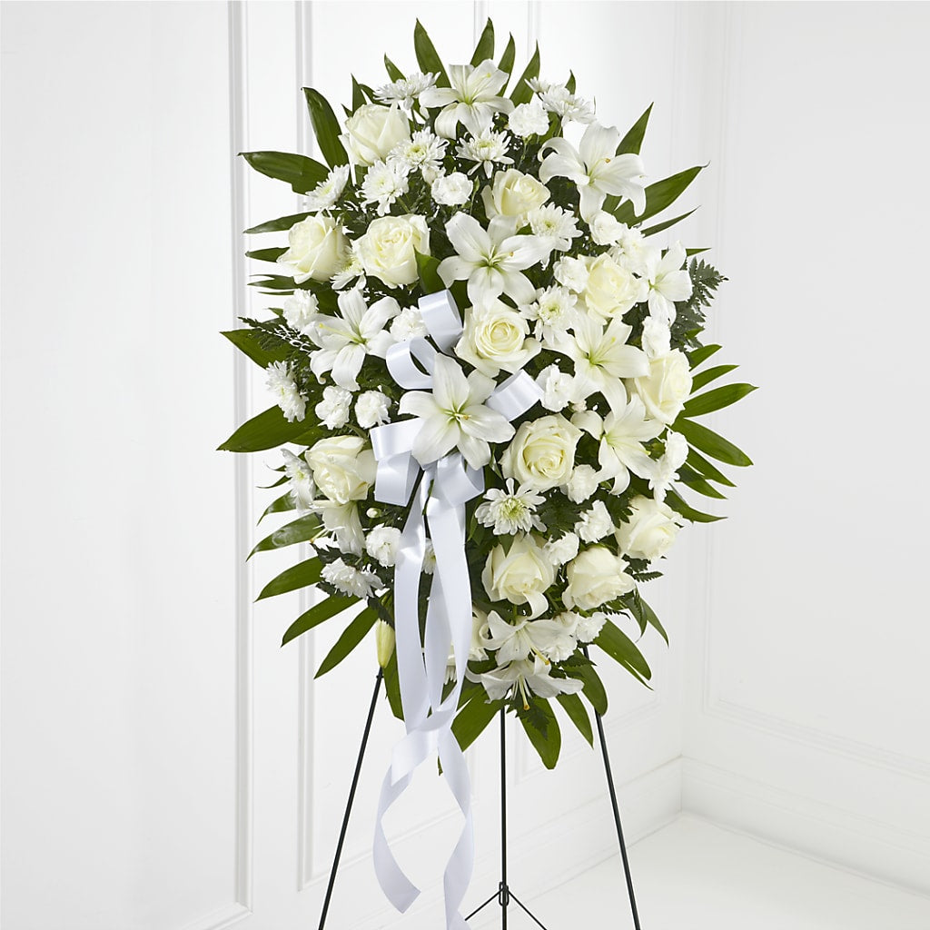 Exquisite Tribute Standing Spray-White Ribbon – Greenbrook Flowers Inc, Jackson MS